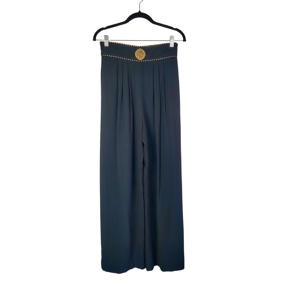 Vintage Cache Wide Leg Pleated Gaucho Palazzo Pants 6 Black Gold Embroidered